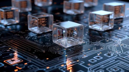 Blockchain Technology Visualization: Glass Cubes on Circuit Board