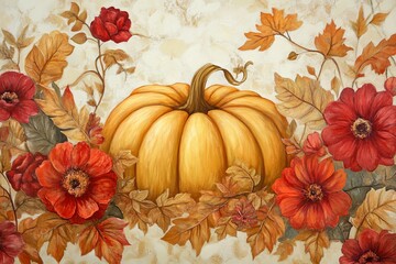 Wall Mural - A painting of a yellow pumpkin and autumn flowers and leaves