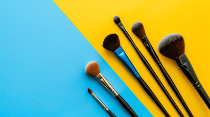 a set of makeup brushes in various sizes and colors, arranged on a yellow and blue background.