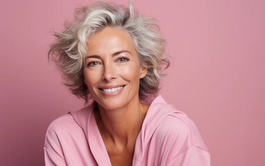 Wall Mural - A woman with gray hair is smiling and wearing a pink sweater. She looks happy and content. The pink background adds a pop of color to the image, making it feel warm and inviting