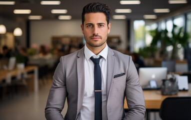 Poster - A man in a suit and tie is sitting at a desk. He is wearing a black tie and a black lapel pin