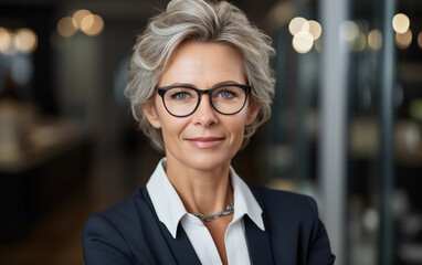 Wall Mural - A woman wearing glasses and a suit is smiling for the camera. She looks confident and professional. Concept of authority and competence