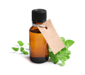 Wall Mural - Essential oil in bottle with empty tag and oregano leaves isolated on white