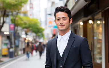 Wall Mural - A man in a suit and tie stands on a sidewalk in front of a store. He is smiling and he is happy