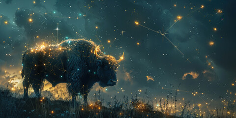 Wall Mural - Taurus bull animal artiodactyl symbol of zodiac horoscope constellation of east, blue fiery neon background.