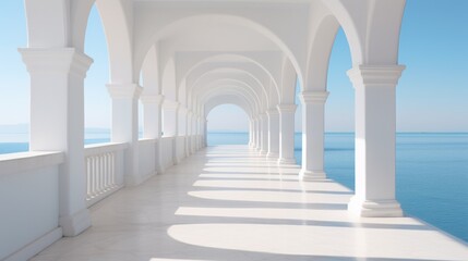 Wall Mural - White architecture on summer seascape. View of the sea and the blue sky with white cloud. Neural network ai generated art