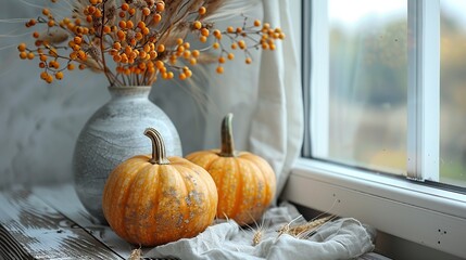 Wall Mural - A still life featuring pumpkins for Thanksgiving and autumn fall home decor, alongside a vase of dry wheat on a table in a Nordic kitchen interior.