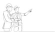 © Yossakorn - Continuous one line drawing of young engineer reporting construction progress to project manager., construction project concept, single line art.