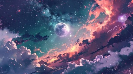 Poster - A digital illustration of a night sky with clouds, a full moon, and a vast amount of stars. The clouds are a mix of dark, light, and pink hues, and the sky is a deep blue with splashes of green.
