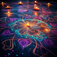 Colorful floral design with lit candles on black surface.