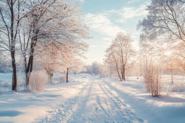 Wall Mural - snow covered path winding through frosty trees in winter wonderland at sunset