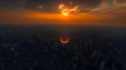 Sticker - Cityscape with Double Solar Eclipse Illustration