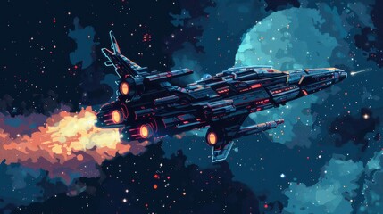 Poster - A futuristic spaceship, with glowing engines, flies through a dark, starry night sky. Behind the ship, a large blue moon is visible in the distance.