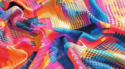 Aufkleber - A close-up view of a colorful fabric with an abstract geometric pattern in shades of pink, blue, yellow, and orange. The fabric is folded and wrinkled, creating a dynamic and textured surface.