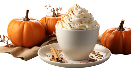 Wall Mural - A pumpkin drink, served in a rustic cardboard cup, beautifully decorated with whipped cream and cinnamon isolated on transparent background.