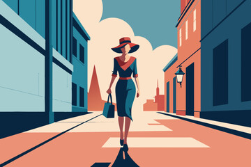 Wall Mural - Vector illustration of a woman in a hat walking along the street.