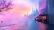 © Pixel Alchemist - A mystical landscape with vibrant colors at sunrise, featuring silhouettes of buildings and a serene pathway shrouded in mist.