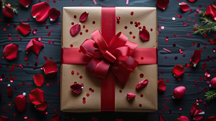 Wall Mural - A craft paper gift box with a red ribbon bow against a black background with confetti is perfect for Black Friday gifts, Christmas presents, or birthday surprises.