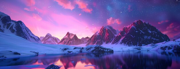 3D render of beautiful northern lights over mountains, lake reflection, purple sky, pink and blue, fantasy landscape, beauty of nature's natural display