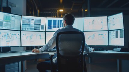 A person works diligently in front of an array of monitors, immersed in analyzing and managing data across multiple screens.