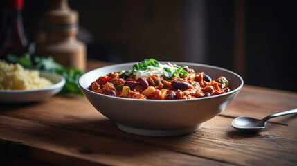 Wall Mural - Traditional Mexican, Korean bean dish with avocado, sour cream sauce and vegetables. AI generated.