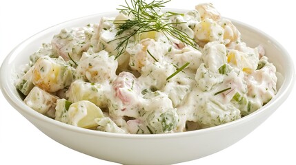 Wall Mural - Creamy Potato Salad in White Bowl, Featuring Classic Russian Salad Recipe. Delicious and Easy-to-Make Dish Perfect for Any Meal, Highlighting a Simple, Classic Potato Salad with a Rich, Creamy Texture