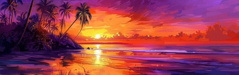 A digital painting of a tropical beach at sunset, featuring palm trees silhouetted against a bright orange and pink sky, with the setting sun reflecting in the calm, blue water.