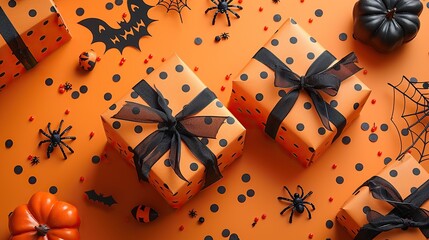 Wall Mural - This Halloween holiday background features gift boxes, decorations, spiders, bats, and webs scattered on an orange table for a 