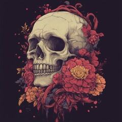 Wall Mural - Detailed skull illustration with colorful flowers and ornate vines.