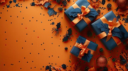 Wall Mural - A Halloween banner design with gift boxes, spiders, bats, and confetti on an orange background creates a festive and vibrant atmosphere.