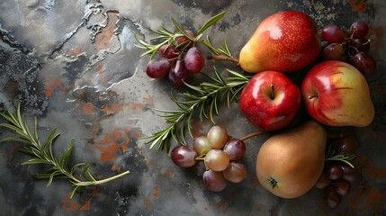 Wall Mural - Rustic Autumn Bounty: Freshly picked apples, pears, and grapes artfully arranged with sprigs of rosemary on a textured slate backdrop. 