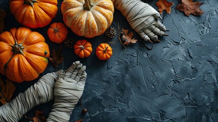 Wall Mural - A Halloween holiday concept includes pumpkins, skulls, and mummy hands wrapped in bandages on a stone table, perfect for a greeting card mockup.