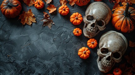 Wall Mural - A Halloween holiday concept includes pumpkins, skulls, and mummy hands wrapped in bandages on a stone table, perfect for a greeting card mockup.