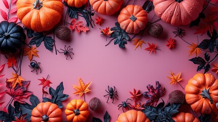 Wall Mural - A Halloween flat lay composition with cute decorations, pumpkins, spiders, and ghosts on a pastel pink background offers a top view with ample copy space.