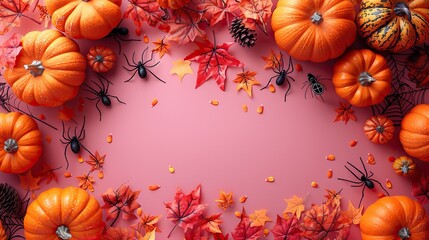 Wall Mural - A Halloween flat lay composition with cute decorations, pumpkins, spiders, and ghosts on a pastel pink background offers a top view with ample copy space.