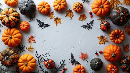Wall Mural - The Halloween frame border features pumpkins, spiders, bats, ghosts, and skeleton arms on a white background, providing a top view with ample copy space.
