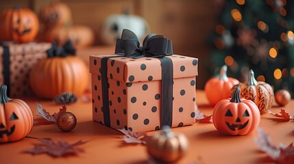 Wall Mural - This Halloween flat lay includes gifts and decorations on an orange table, providing a festive and fun design for your top view layout.