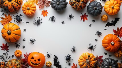 Wall Mural - The Halloween greeting card template showcases pumpkins, skeleton arms, skulls, bats, and spiders on a white background with ample space for your message.