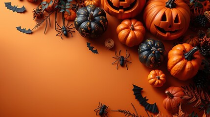 Wall Mural - This Halloween greeting card template includes a frame of pumpkins, gifts, spiders, and webs on an orange table, offering space for your copy.