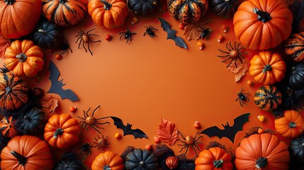 Wall Mural - This Halloween greeting card template includes a frame of pumpkins, gifts, spiders, and webs on an orange table, offering space for your copy.