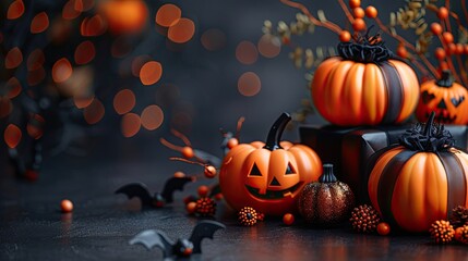 Wall Mural - This Halloween greeting card template includes a frame of pumpkins, gifts, spiders, and webs on an orange table, offering space for your copy.