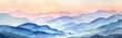 © vadosloginov - A watercolor painting depicting a misty mountain range with soft pink and blue hues. The sun is rising over the peaks, casting a warm glow on the distant mountains. The layers of blue paint create a s
