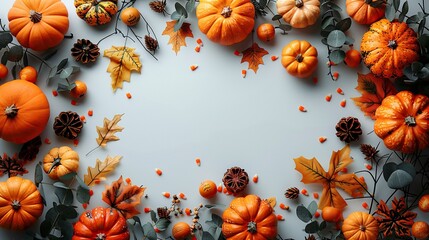 Wall Mural - A Halloween poster mockup includes a frame of decorations on a white background, offering a flat lay view with ample space for your message.