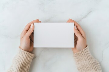 Blank Greeting Card Presentation, individual showcasing an empty greeting card against a clean white backdrop, ideal for design mockups or personalized message ideas