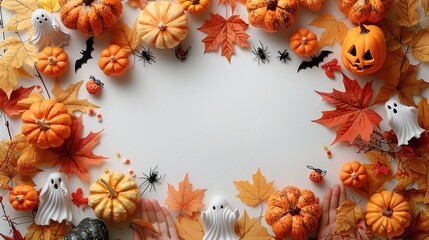Wall Mural - The Halloween poster template features a frame of bats, spiders, ghosts, autumn leaves, and skeleton hands on a white background for a festive design.