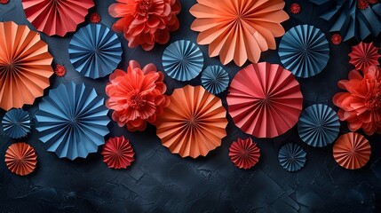 Wall Mural - A Labor Day banner design features American paper fans on a black background, showcasing patriotic decorations for a top view layout.