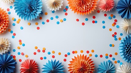 Wall Mural - The Labor Day banner template features USA paper fans and decorations on a white background, offering a flat lay top view with ample copy space.