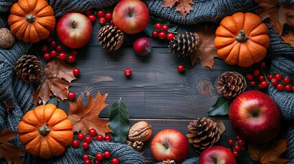 Wall Mural - The harvest or Thanksgiving background showcases pumpkins, blankets, dried fall leaves, apples, red berries, and walnuts on a wooden table.