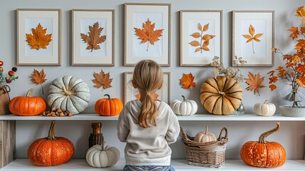 Wall Mural - A mockup picture frame with autumn decorations, including pumpkins, is set on a white table, capturing the essence of fall and Thanksgiving.