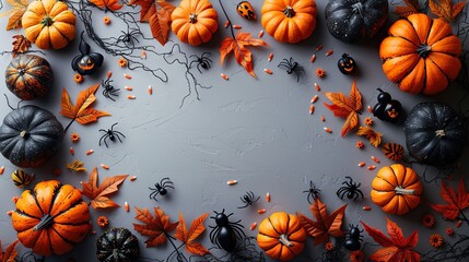 Wall Mural - A modern Halloween background includes pumpkins, bats, spiders, webs, and ghosts on a white table, perfect for a party invitation card mockup.